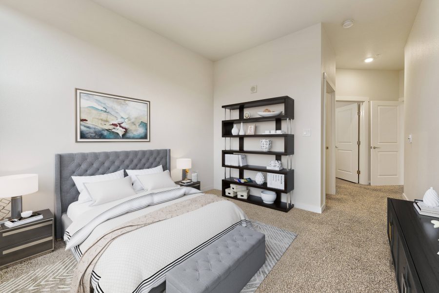 Bedroom with upholstered headboard