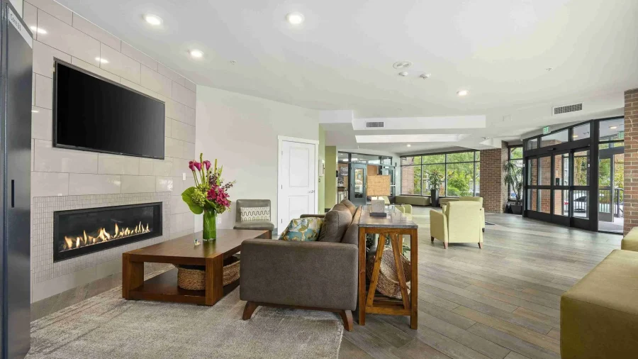 Resident lounge with fireplace and TV